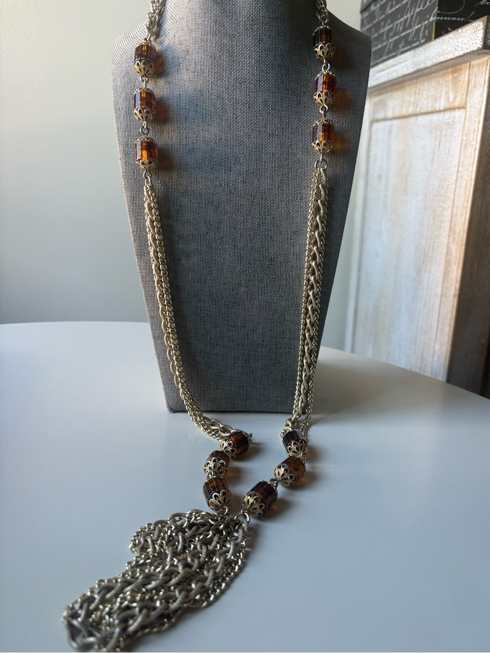 Vintage Sarah Coventry Statement Necklace Gold Tone Amber Tassle Long Layer